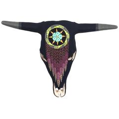 Cow Skull with Abstract Huichol Designs Navy 