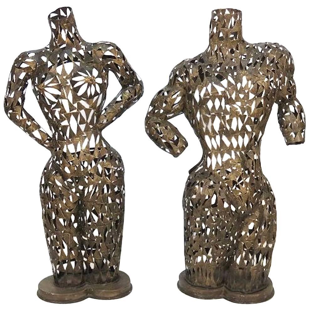 Pair of Brutalist Metal Torso Sculptures For Sale