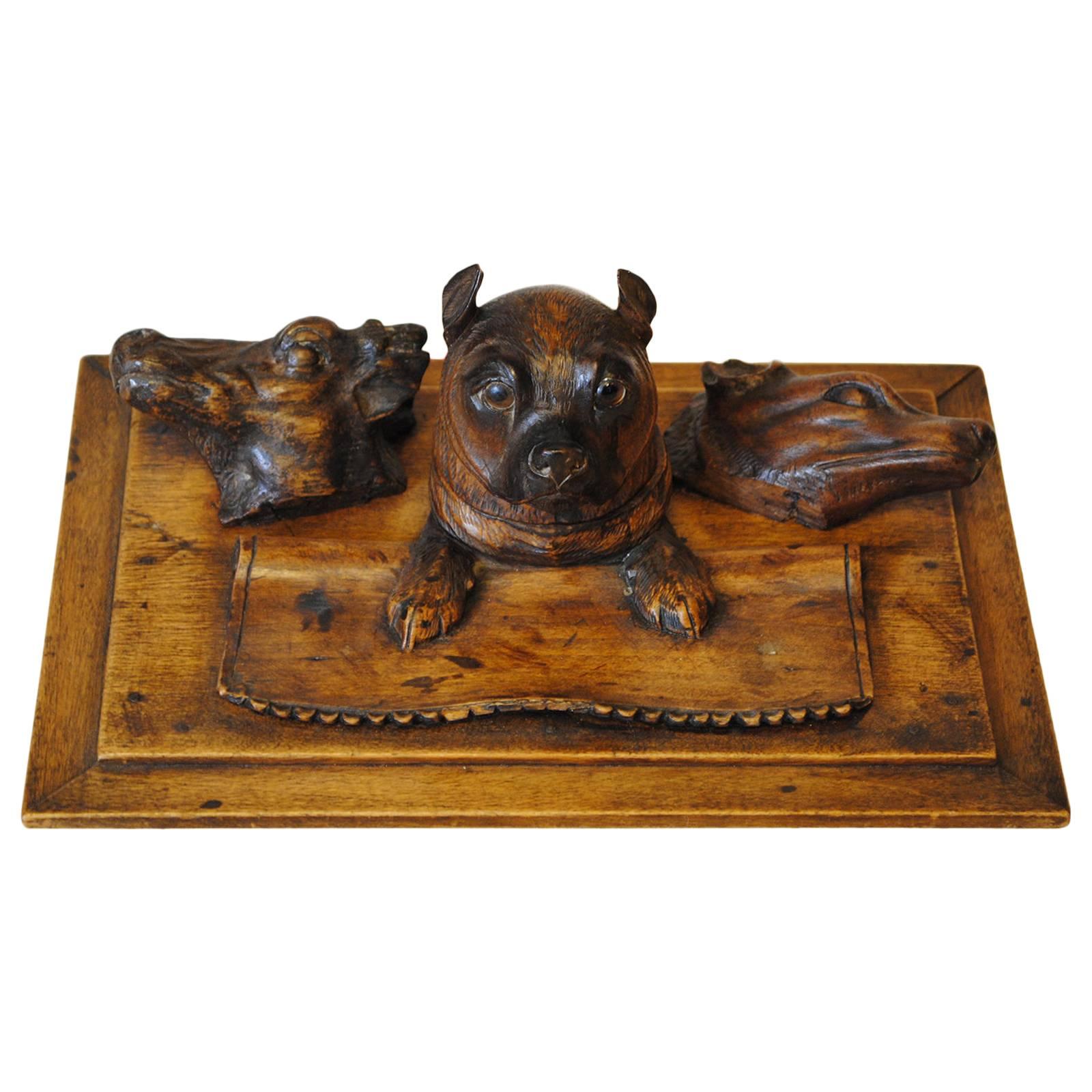 Austrian Timber Inkwell with Pug Dog For Sale