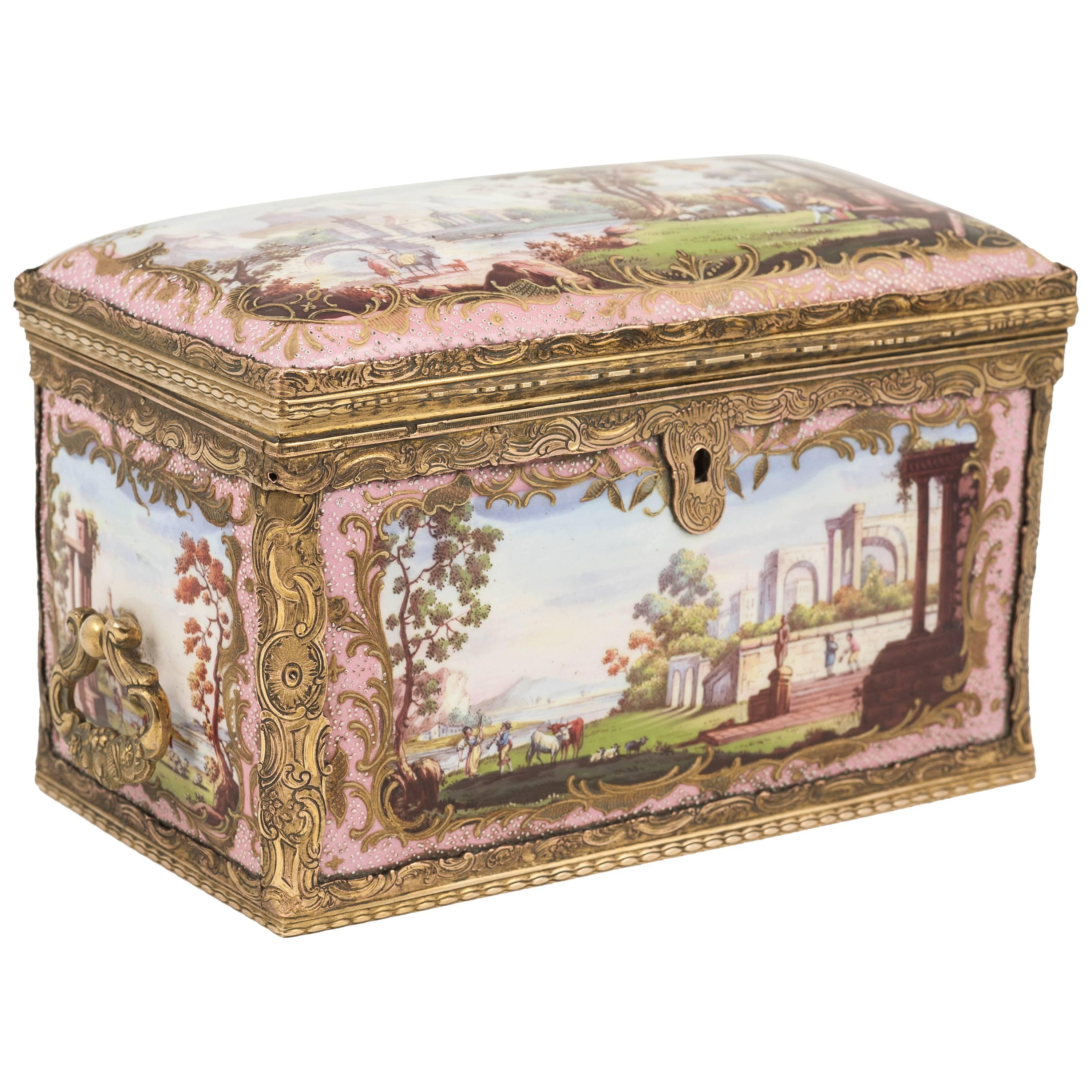 Extremely Rare Bilston Enamel Box, Mounted in Gilt Brass, England, circa 1780 For Sale