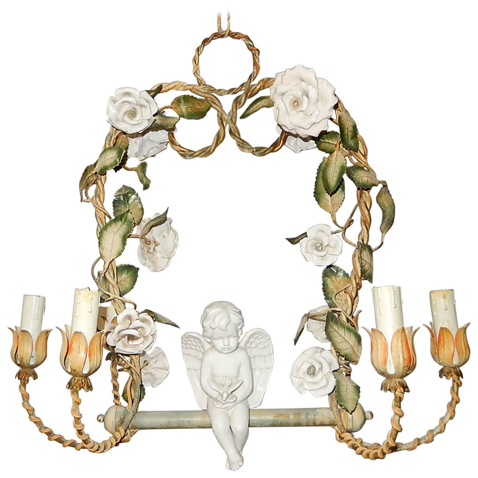 French Winged Cherub Holding Dove Chandelier