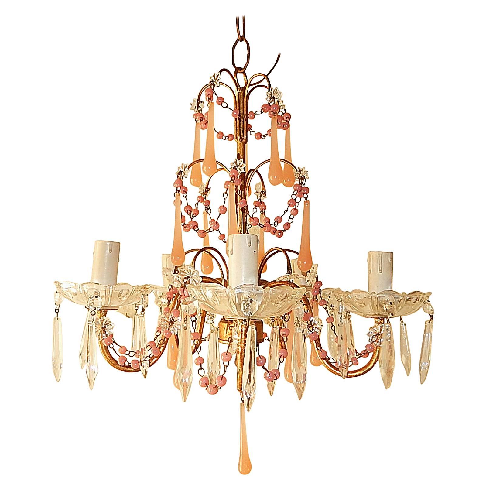  French Pink Opaline Crystal Prisms Chandelier