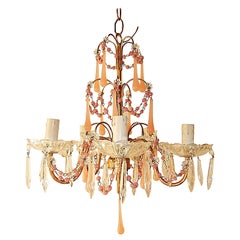 Antique  French Pink Opaline Crystal Prisms Chandelier