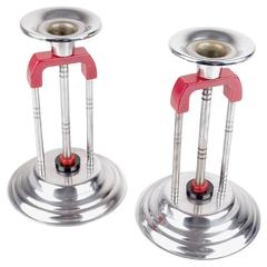 Pair of Art Deco Machine Age Candlesticks Candleholders, Catalin and Chrome 5