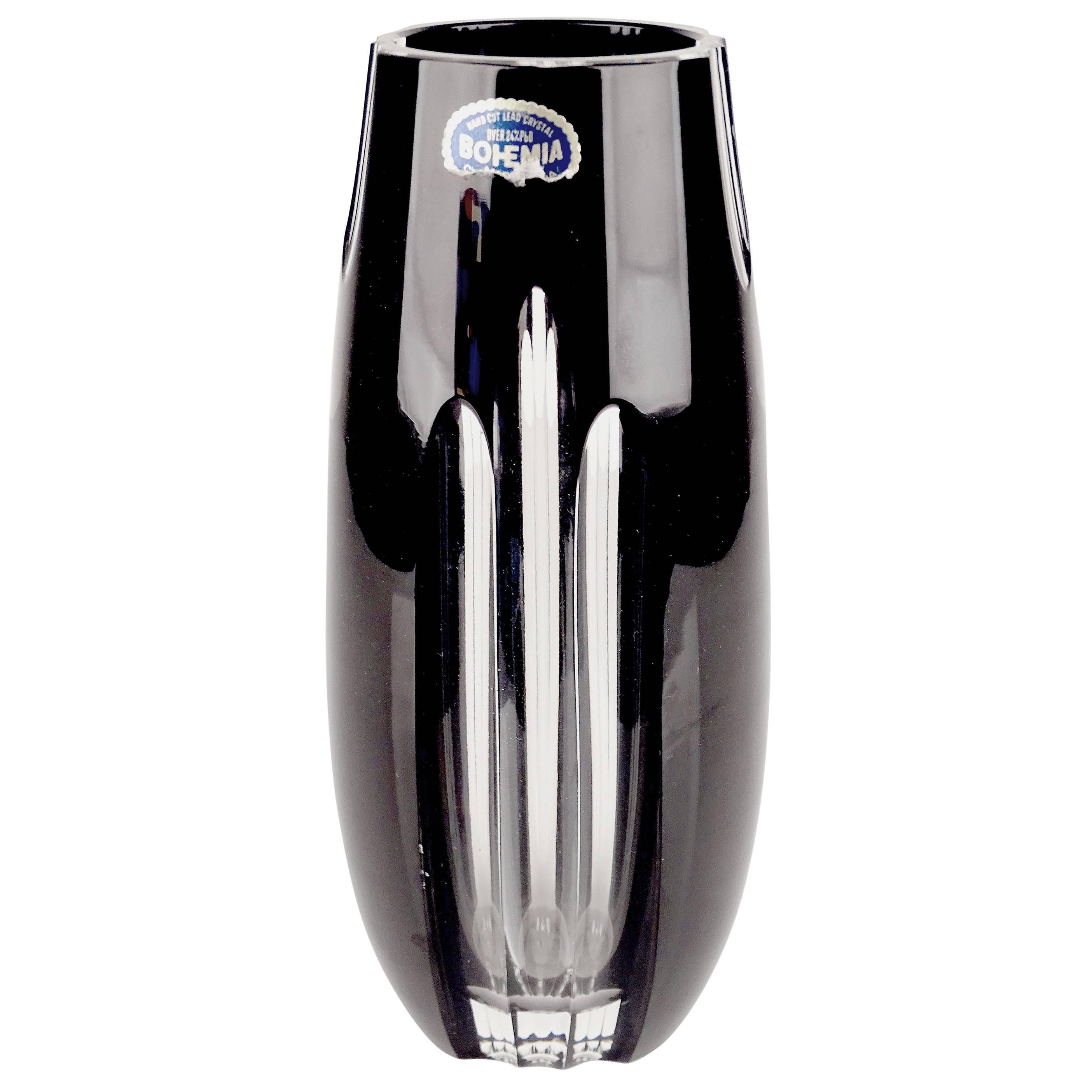 Midcentury Black Crystal Ebony Glass Vase, Bohemia