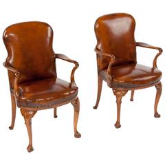 Antique Pair of Walnut Leather Armchairs or Desk Chairs, 1900