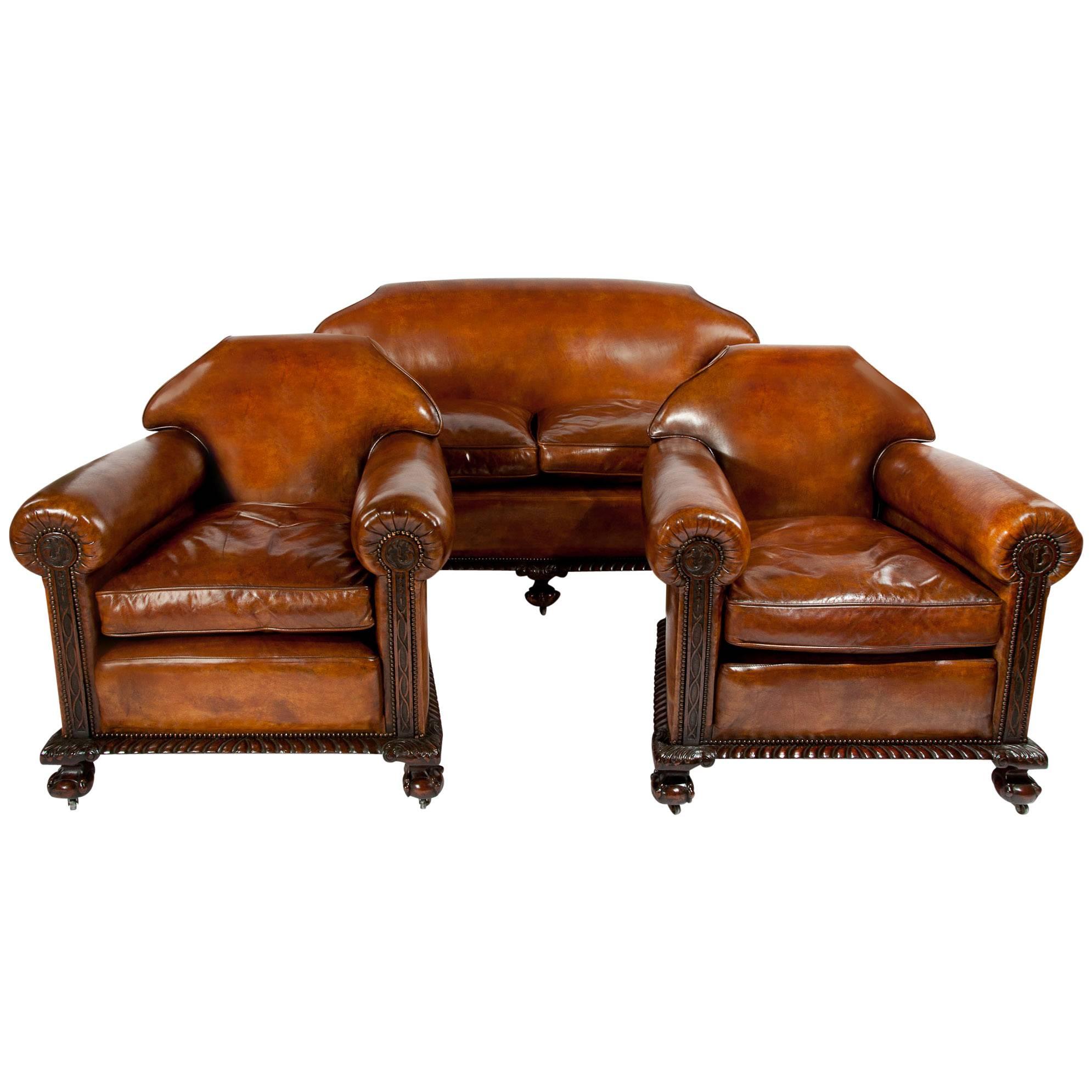 Magnificent Victorian Leather Sofa and Chairs Three-Piece Suite