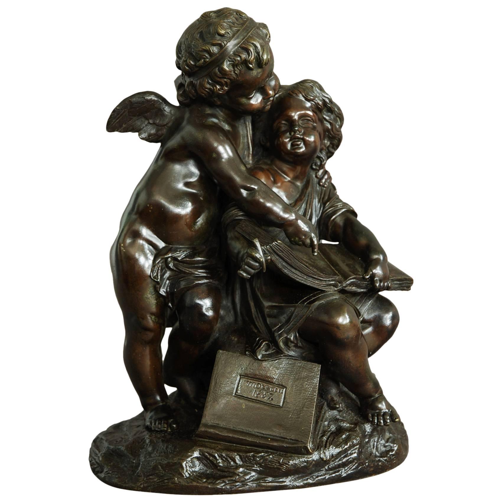 19th Century French Bronze of a Putto and Young Girl 