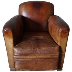 Distressed French Cognac Leather Club Chair, 1930s