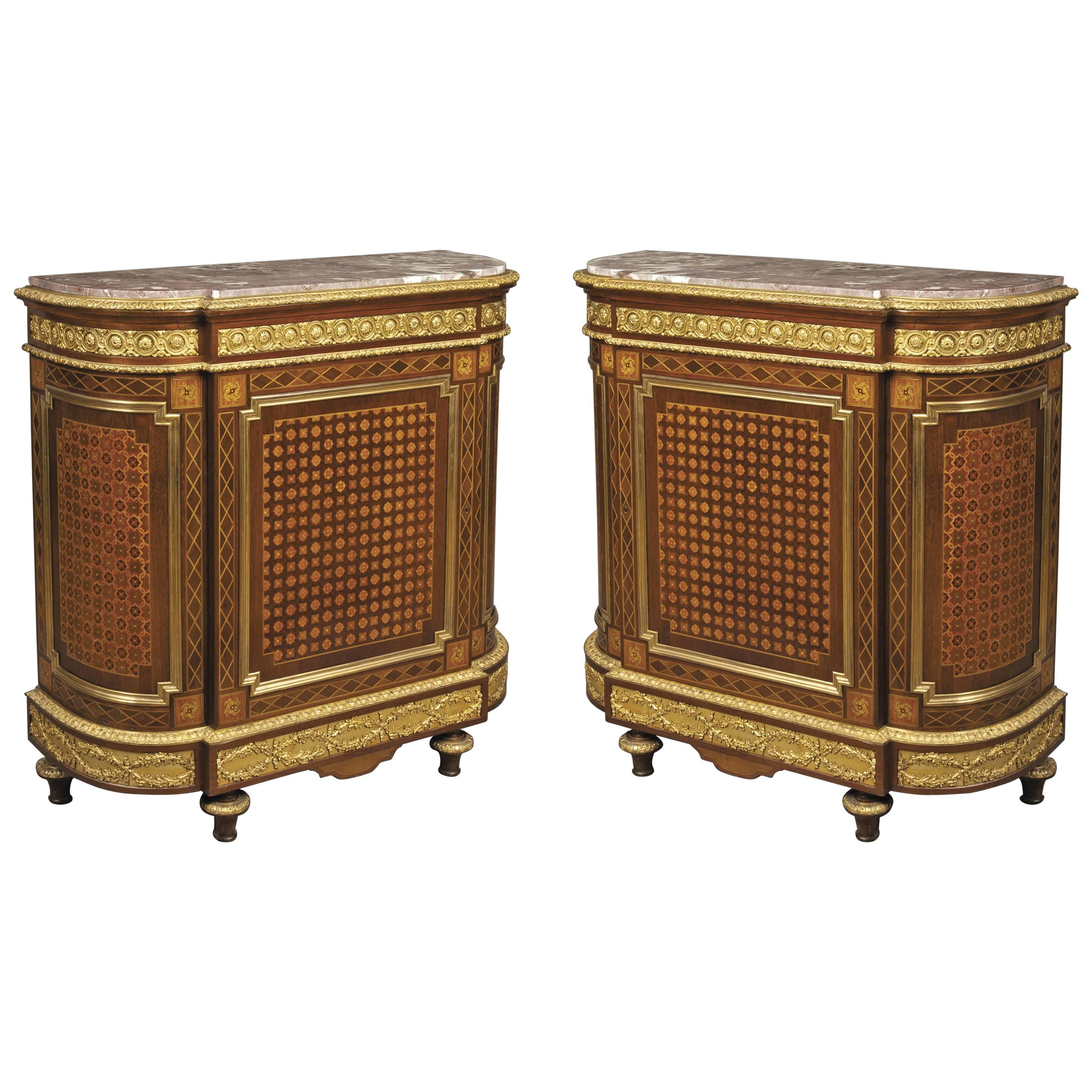 Pair of French Marquetry and Parquetry Gilt Side Cabinets, 19th Century 