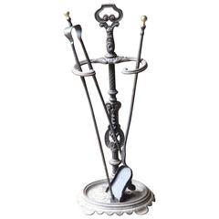 Antique 19th Century French Fireplace Tool Set and Stand, Fire Tools