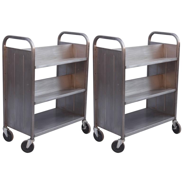 1 Of 2 Vintage Metal Bookcases on Wheels at 1stdibs