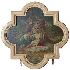 Antique Late 19th Century European Religious Oil Painting in Quatrefoil Frame