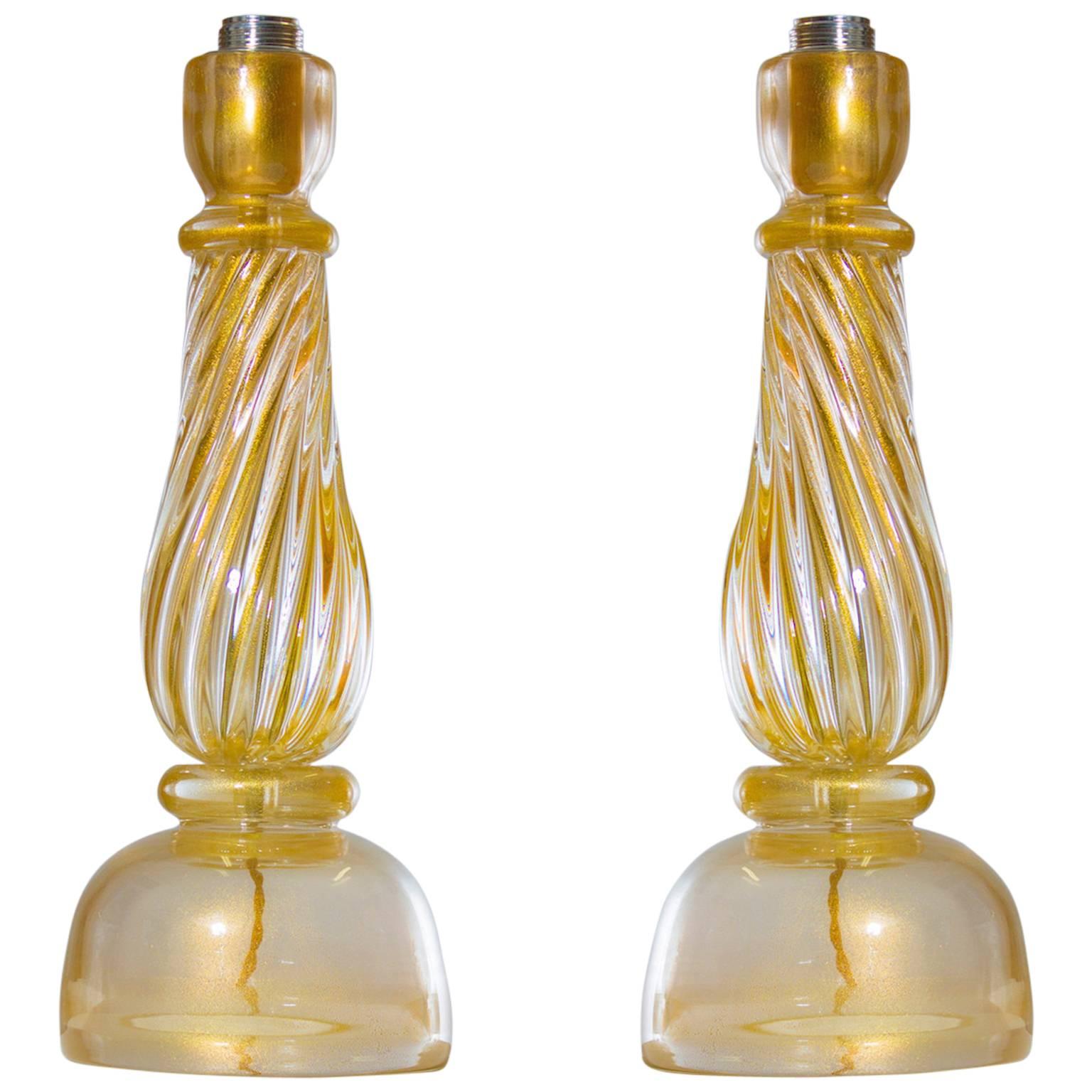 Italian Massive Pair of Table Lamps in Murano Glass, Gold 24-Karat