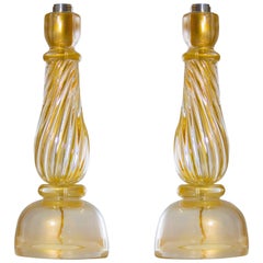 Italian Massive Pair of Table Lamps in Murano Glass, Gold 24-Karat