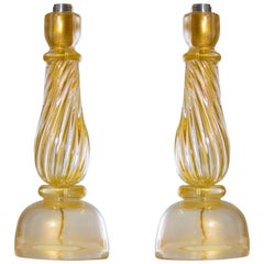 Italian Massive Pair of Table Lamps in Murano Glass, Gold 24-Karat