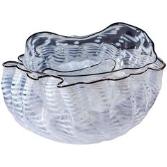 Dale Chihuly Blown Glass, Triple Seaform White, Clear Black Three-Piece Bowls