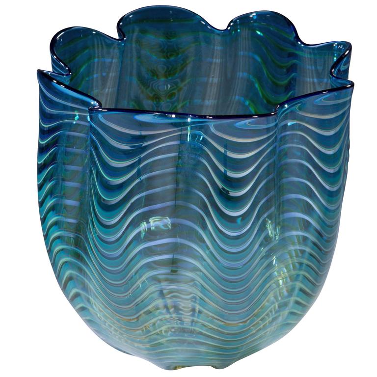 Dale Chihuly Blown Glass Teal BlueGreen Persian Seaform Basket Vase at