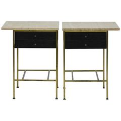 Pair of Paul McCobb Irwin Collection Brass and Travertine Nightstands