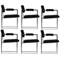 Six Thin Line Dining Chairs in Black Mohair by Milo Baughman