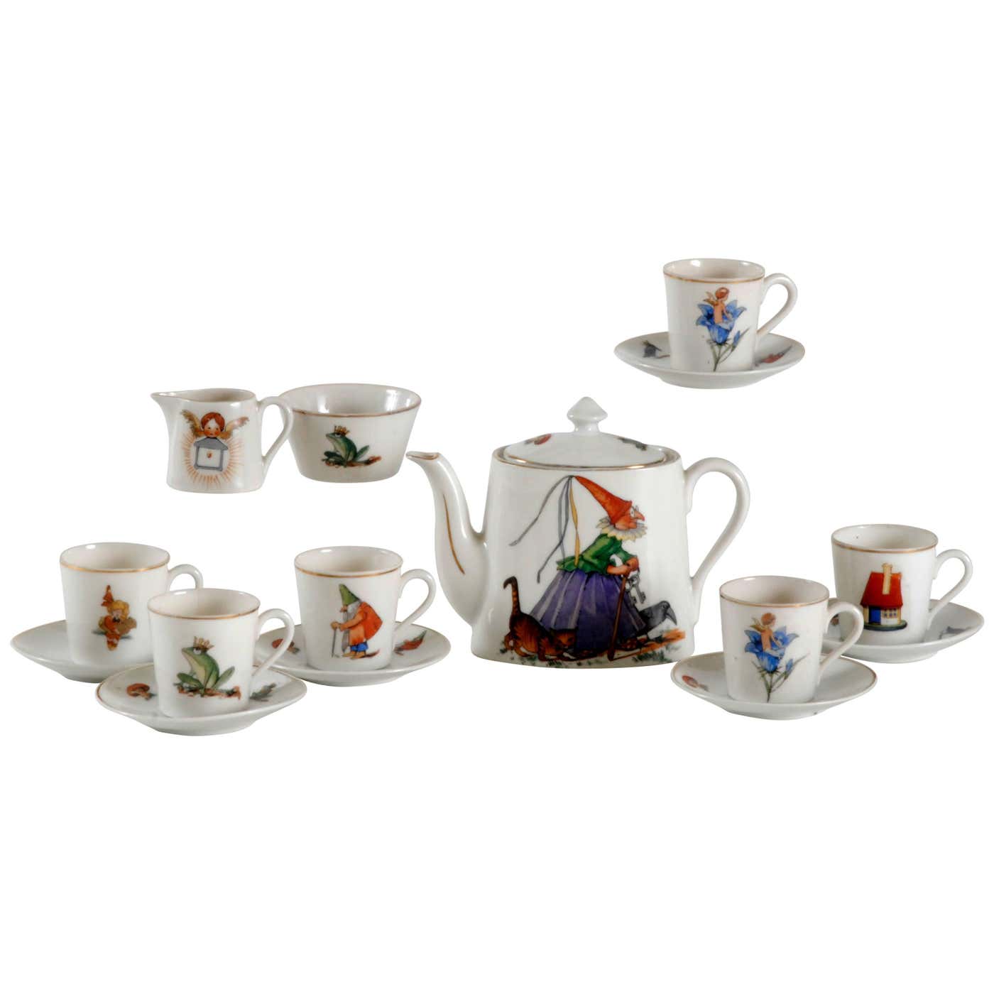 Midcentury Child's Porcelain Tea Set with Fairy-Tale Style Decoration ...