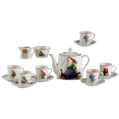 Vintage Midcentury Child's Porcelain Tea Set with Fairy-Tale Style Decoration, European