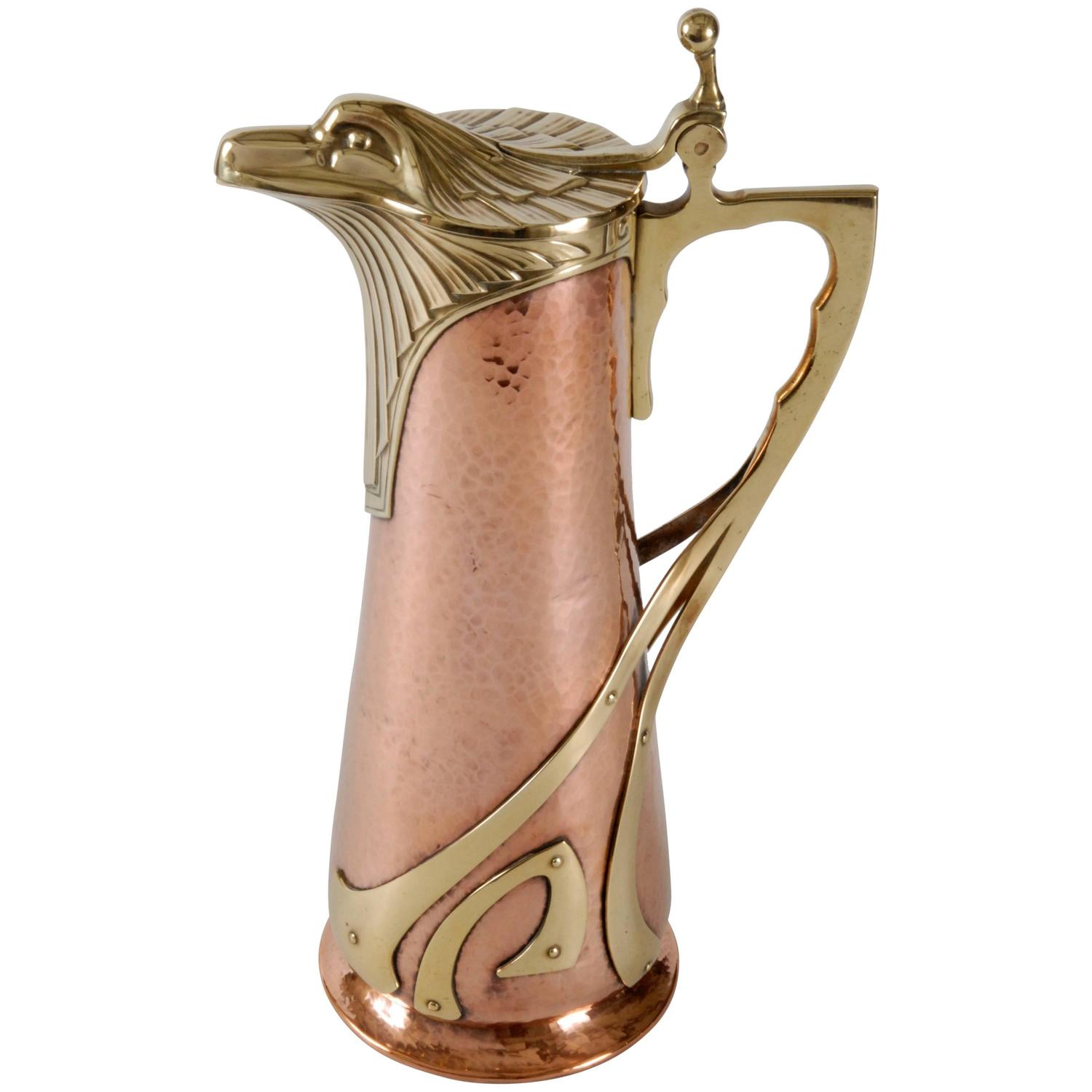 WMF Copper and Brass Wine Jug, Eagle Spout, Germany, circa 1900 For