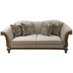 Vintage Sofa with Wood Carved Trim and Pillows