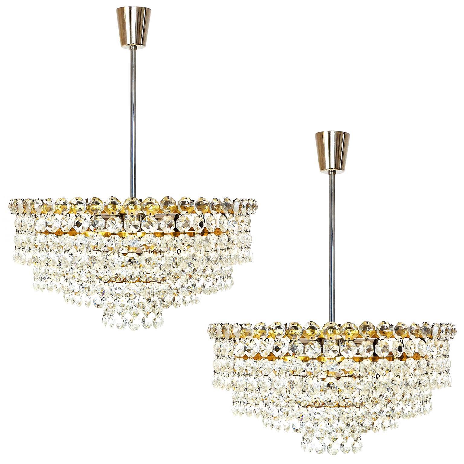 Pair of Bakalowits Chandeliers, Brass Nickel Crystal, Austria, 1950s