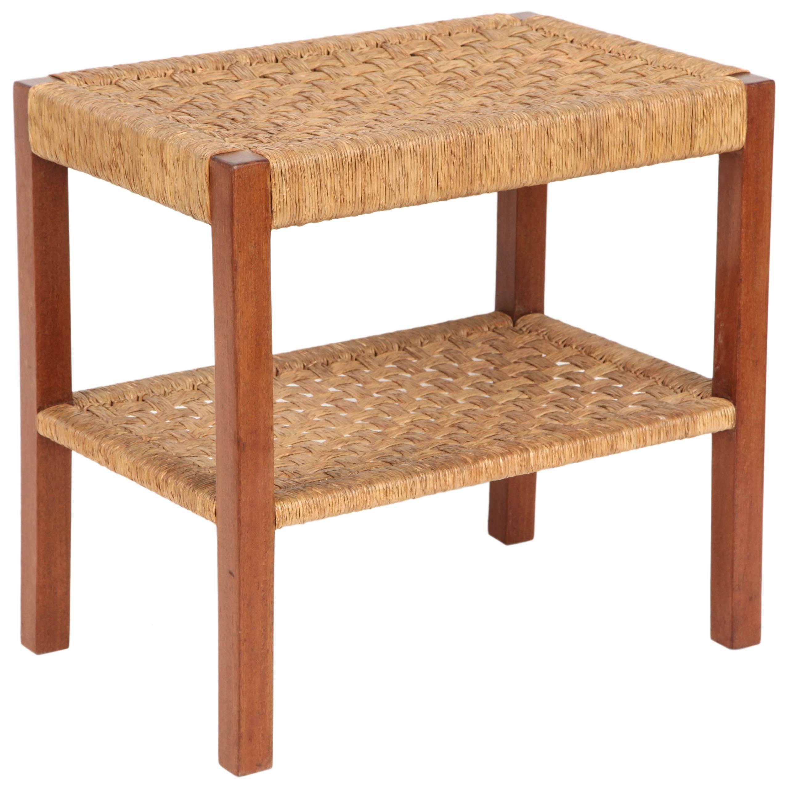 French Walnut and Woven Rush Two-Tier Table