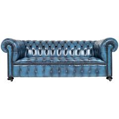 Vintage Steel Blue Leather Chesterfield Sofa
