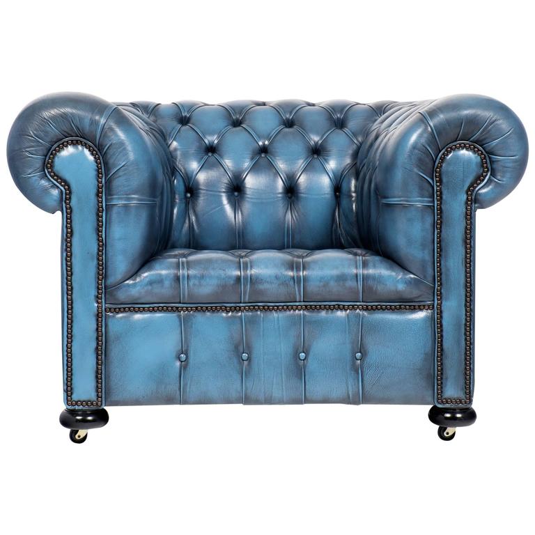 Vintage Steel Blue Leather Chesterfield, Blue Leather Chairs