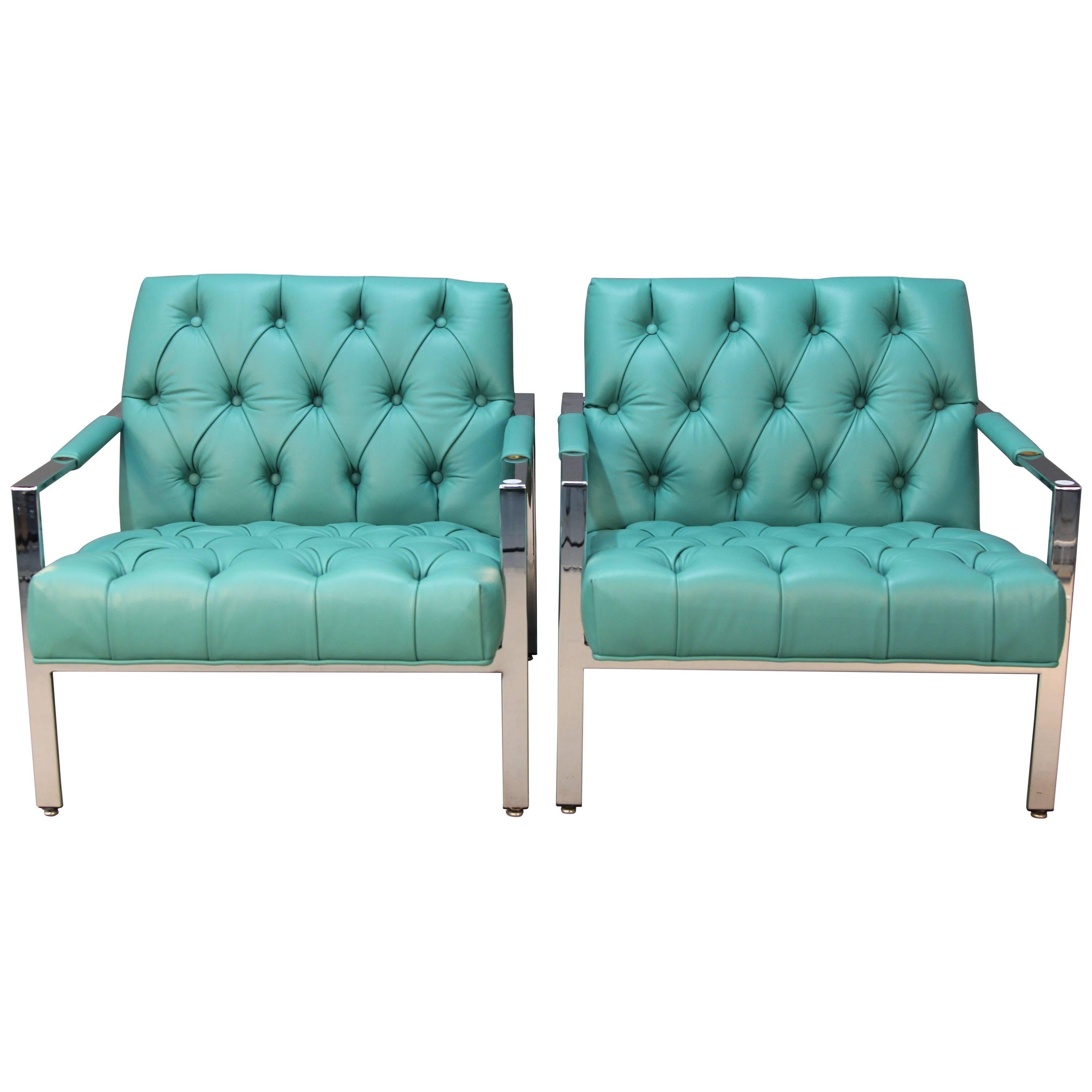 Pair of Milo Baughman for Thayer Coggin Chrome and Tufted Chairs For Sale