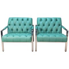 Pair of Milo Baughman for Thayer Coggin Chrome and Tufted Chairs