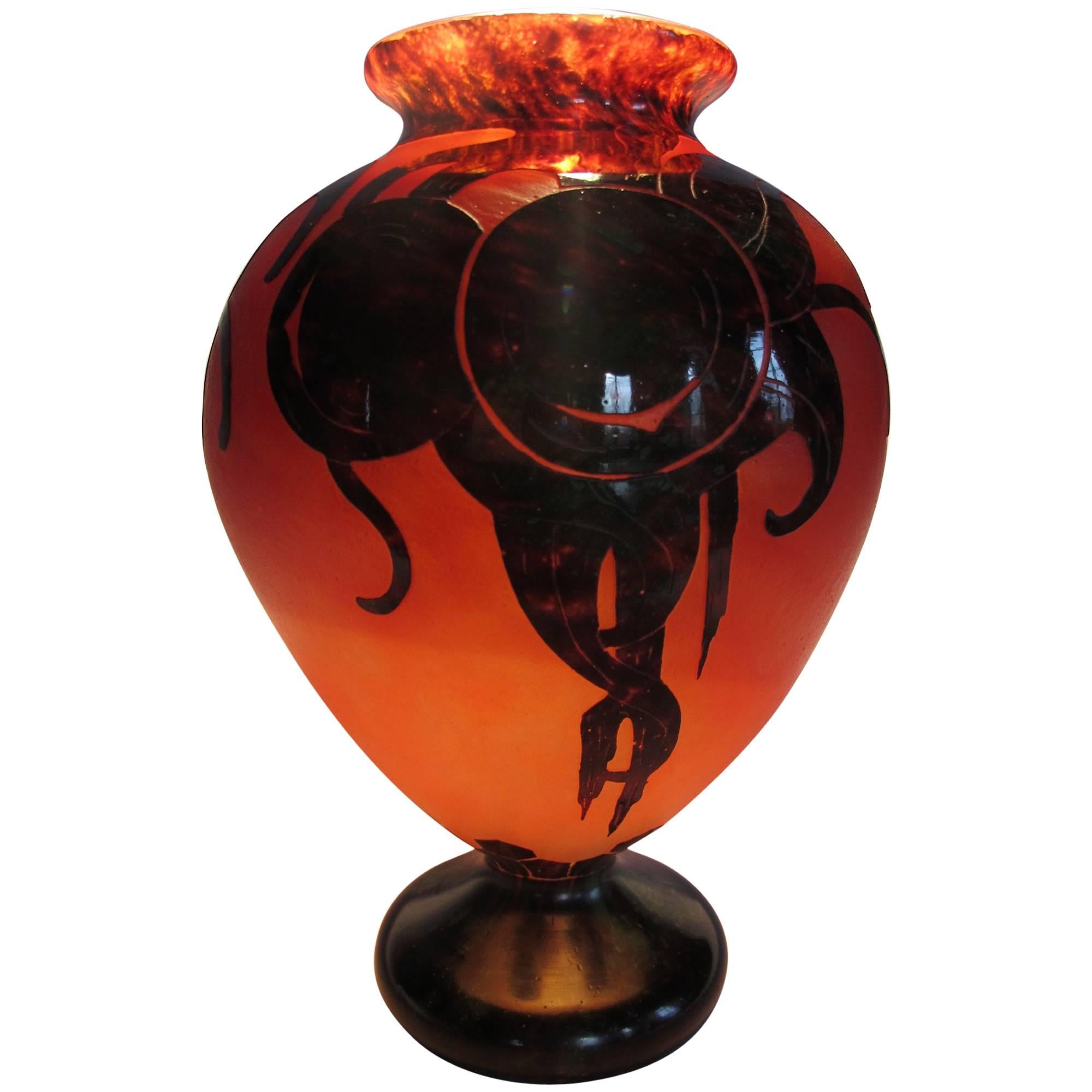Le Verre Francais Art Deco Glass Vase with Decoration of a Prunus For Sale