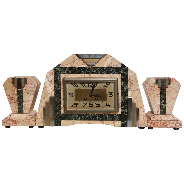 Parisian Art Deco Mantel Clock and Bookends at 1stdibs