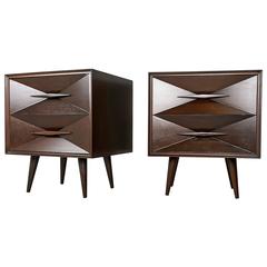 Sculptural Diamond Front Walnut Nightstands by Albert Parvin, 1950s