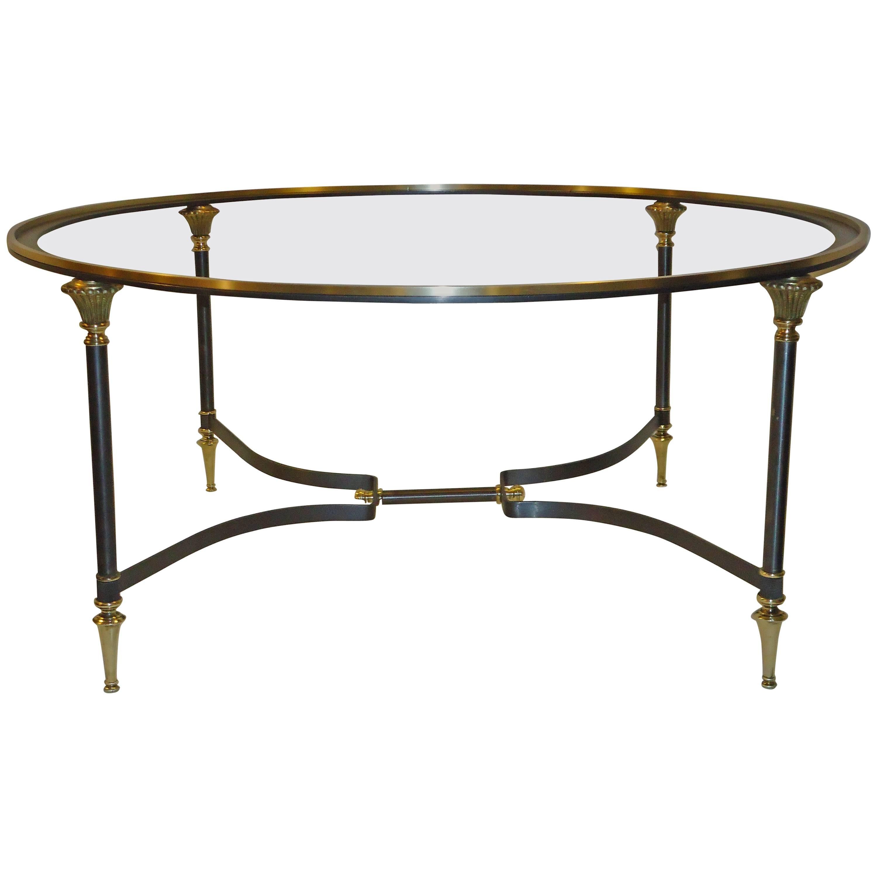 Neoclassical Coffee Table Italian Glass Insert Bronze and Brushed Steel  1950s
