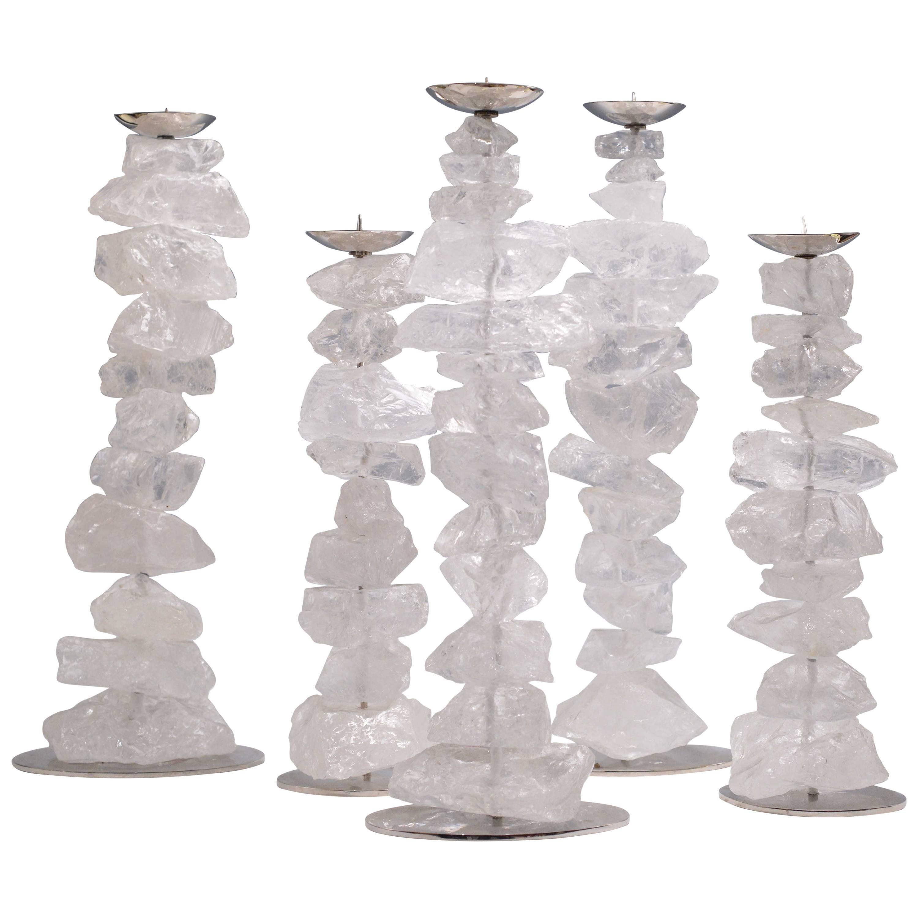 Group of Five Natural Rock Crystal Stone Candlesticks