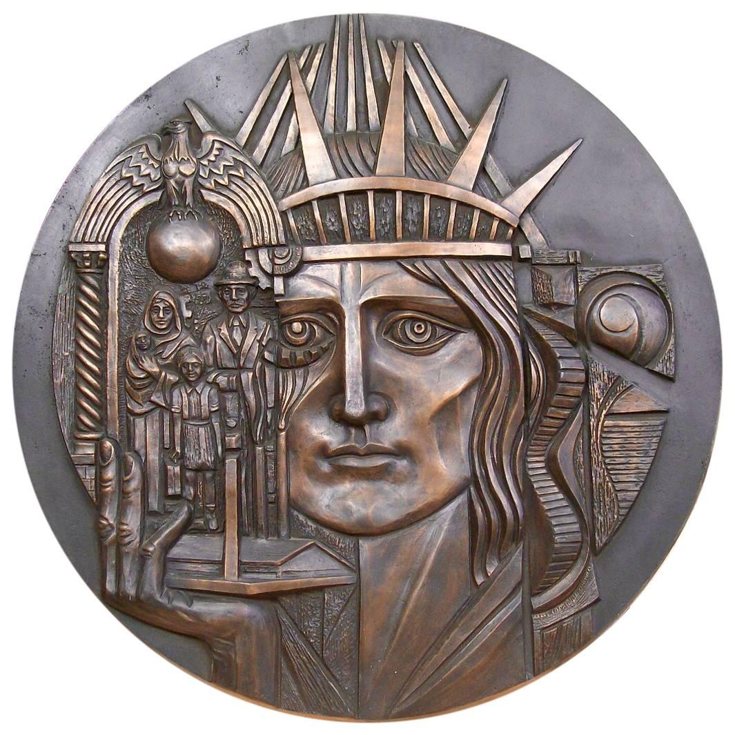 Very Stylized Cast Bronze WPA Wall Plaque Immigration Theme