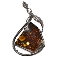 Antique  Huge Ancient Baltic Amber Pendant Necklace- Artisan Sterling Organic Setting