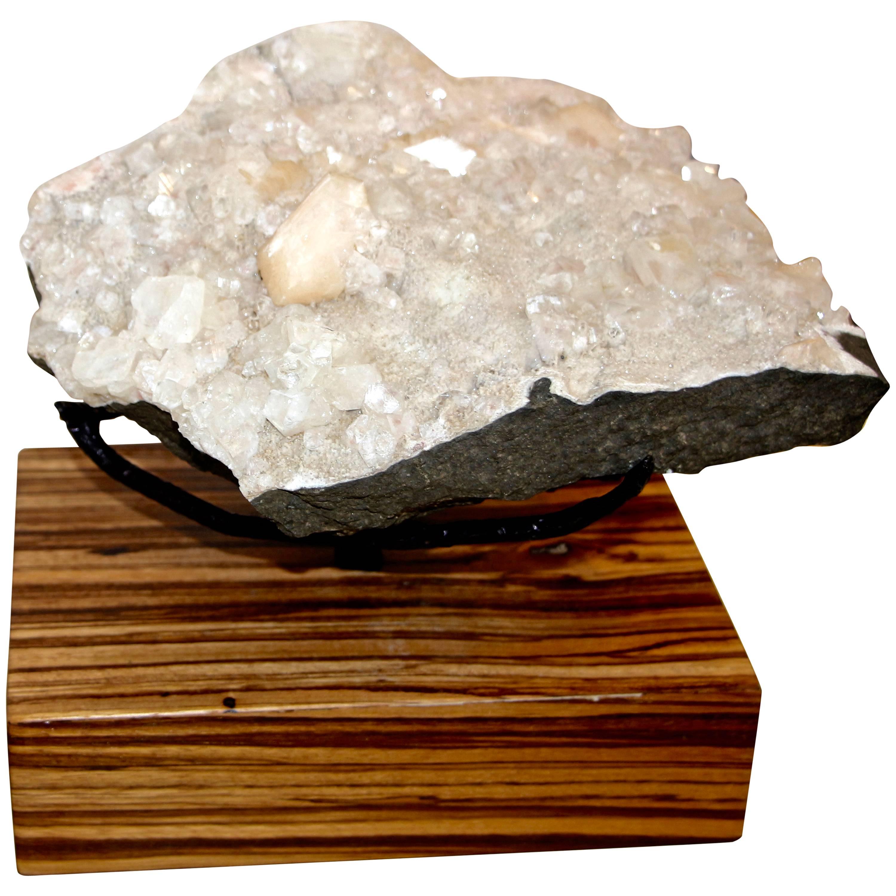 Beautiful Piece of Quartz Crystal Mounted on a Custom Solid Zebra Wood Base For Sale