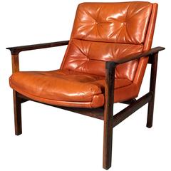 Rosewood and Orange Leather Lounge Chair, Fredrik Kayser, Norway, 1959