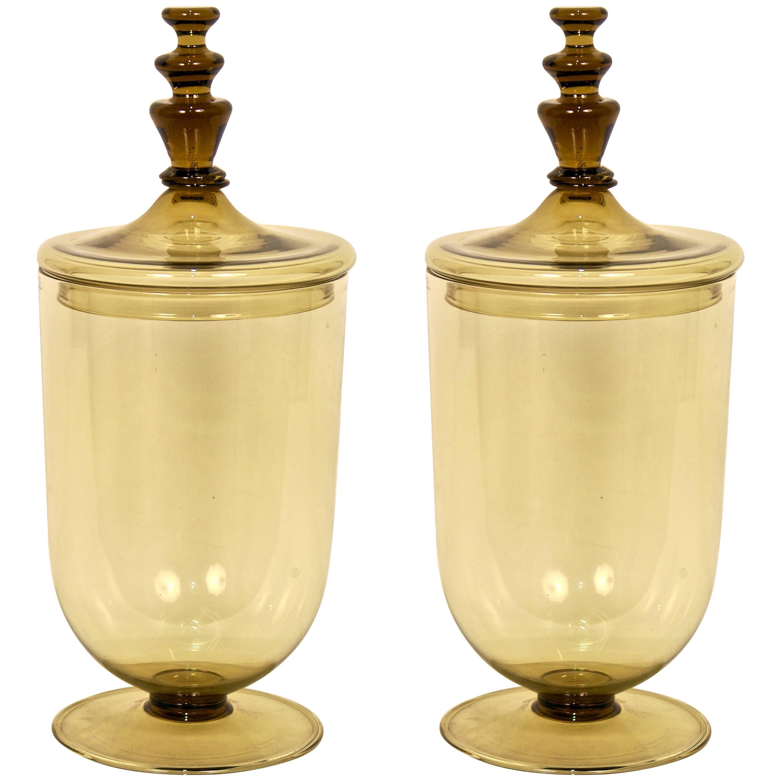 1920s Italian Pair of Gold Murano Glass Bowls with Cover Attributed to Zecchin