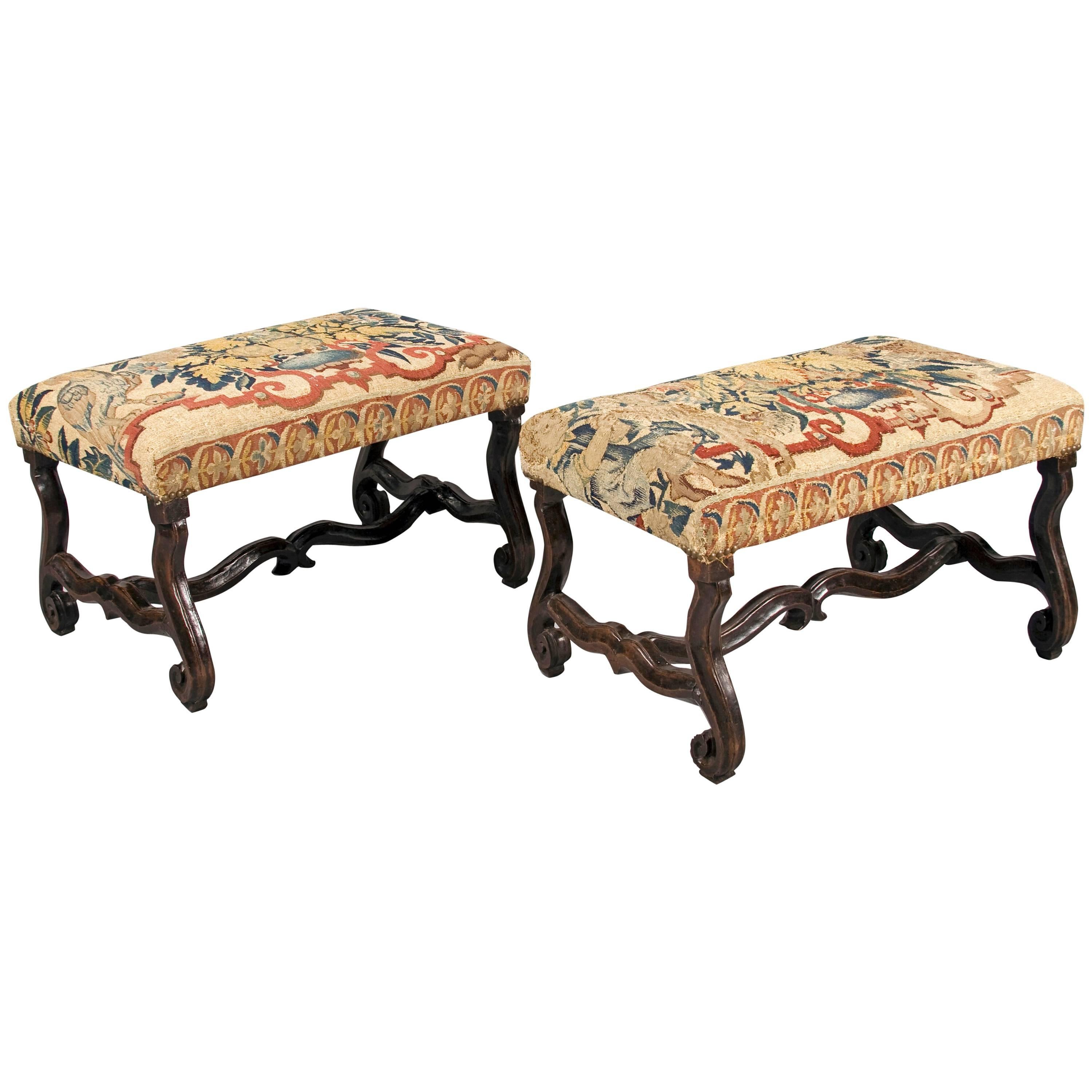 William III Walnut Stools with Os De Mouton legs and conforming Stretcher