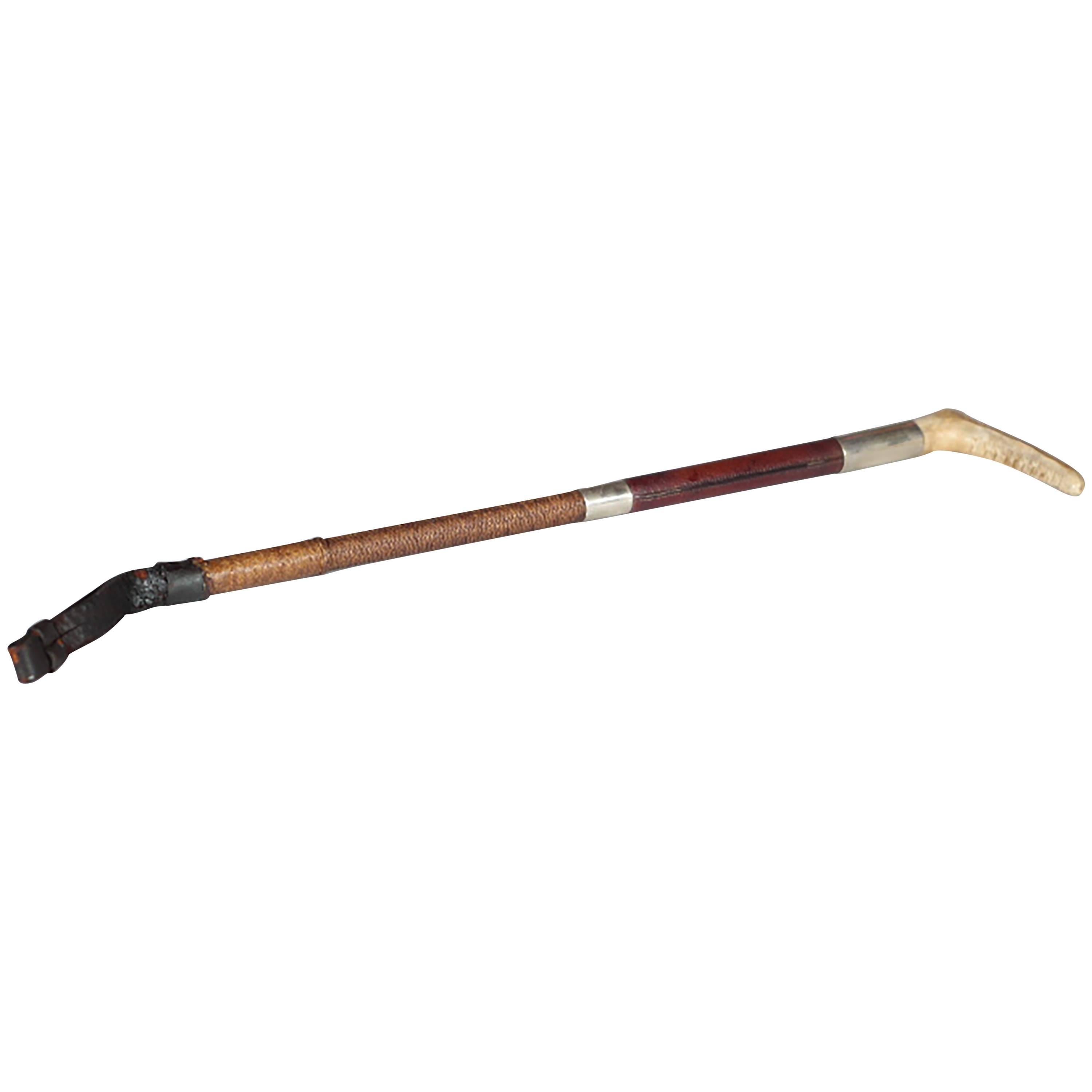 1930s Leather and Silver Riding Crop with Staghorn Handle