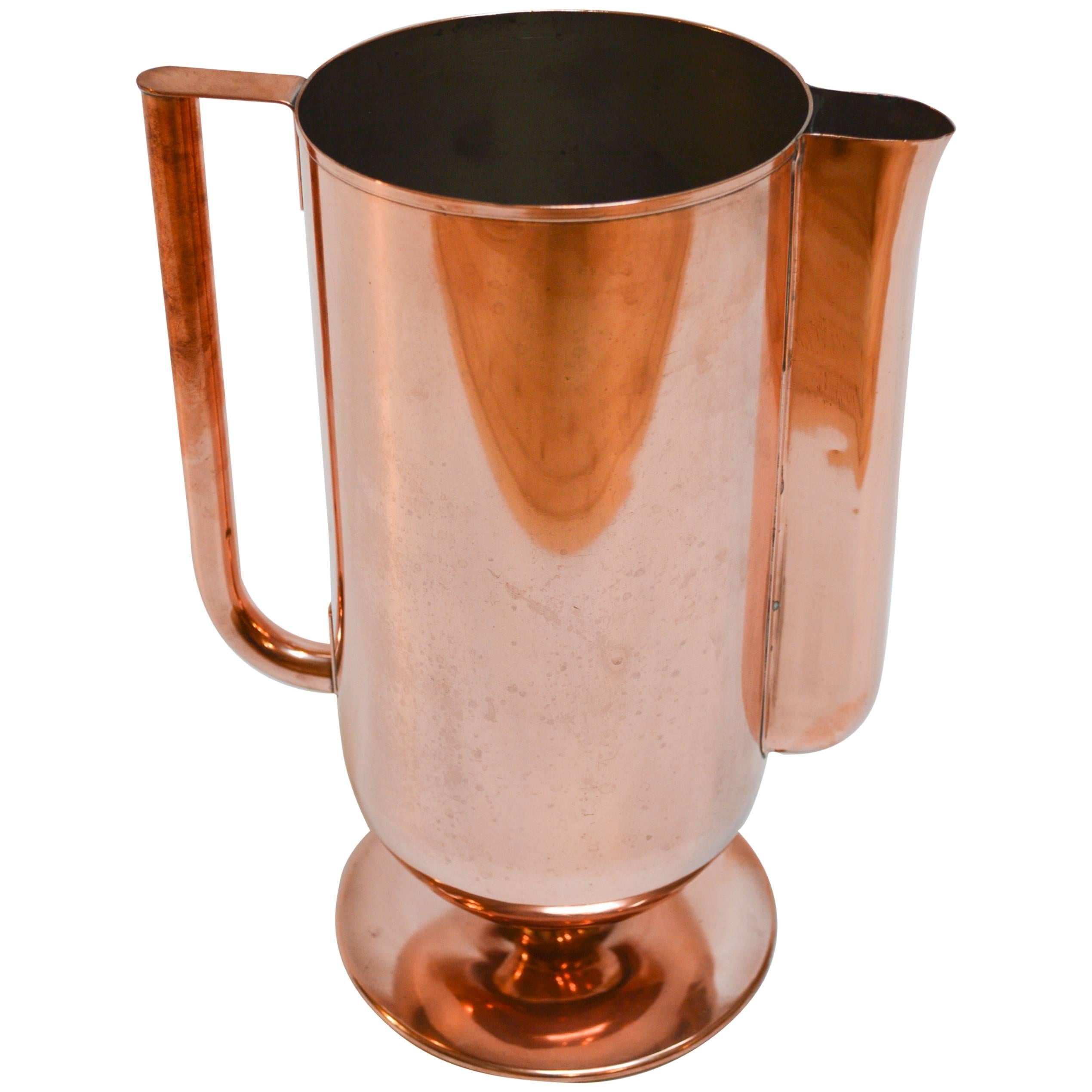 1930s Art Deco Copper Water Pitcher with Silvered Tin Lining For Sale