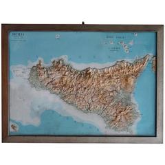 Big 1960s Detailed 3D Map of Sicily, Italy