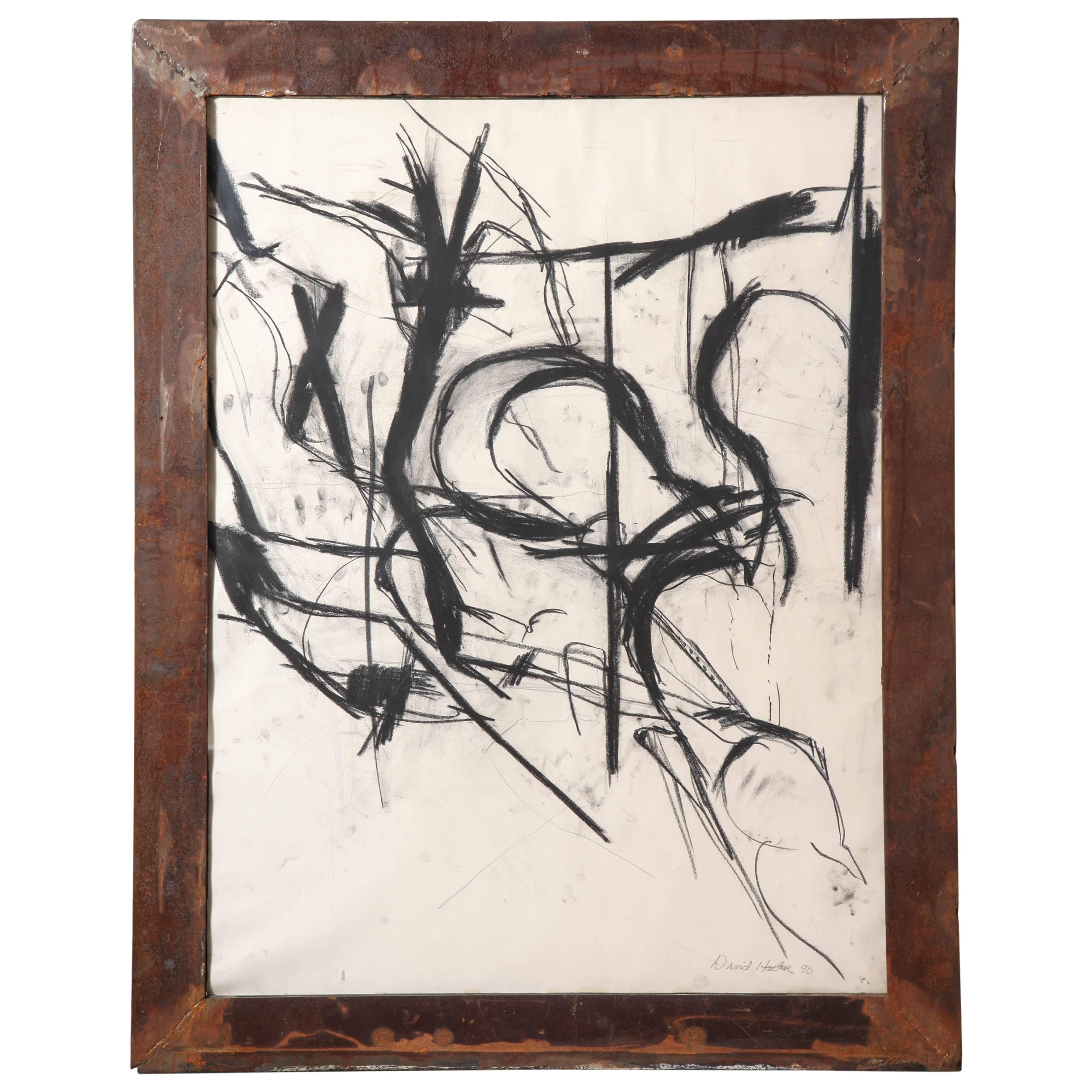 David Hacker Charcoal Drawing in Steel Frame Sculpted by Artist