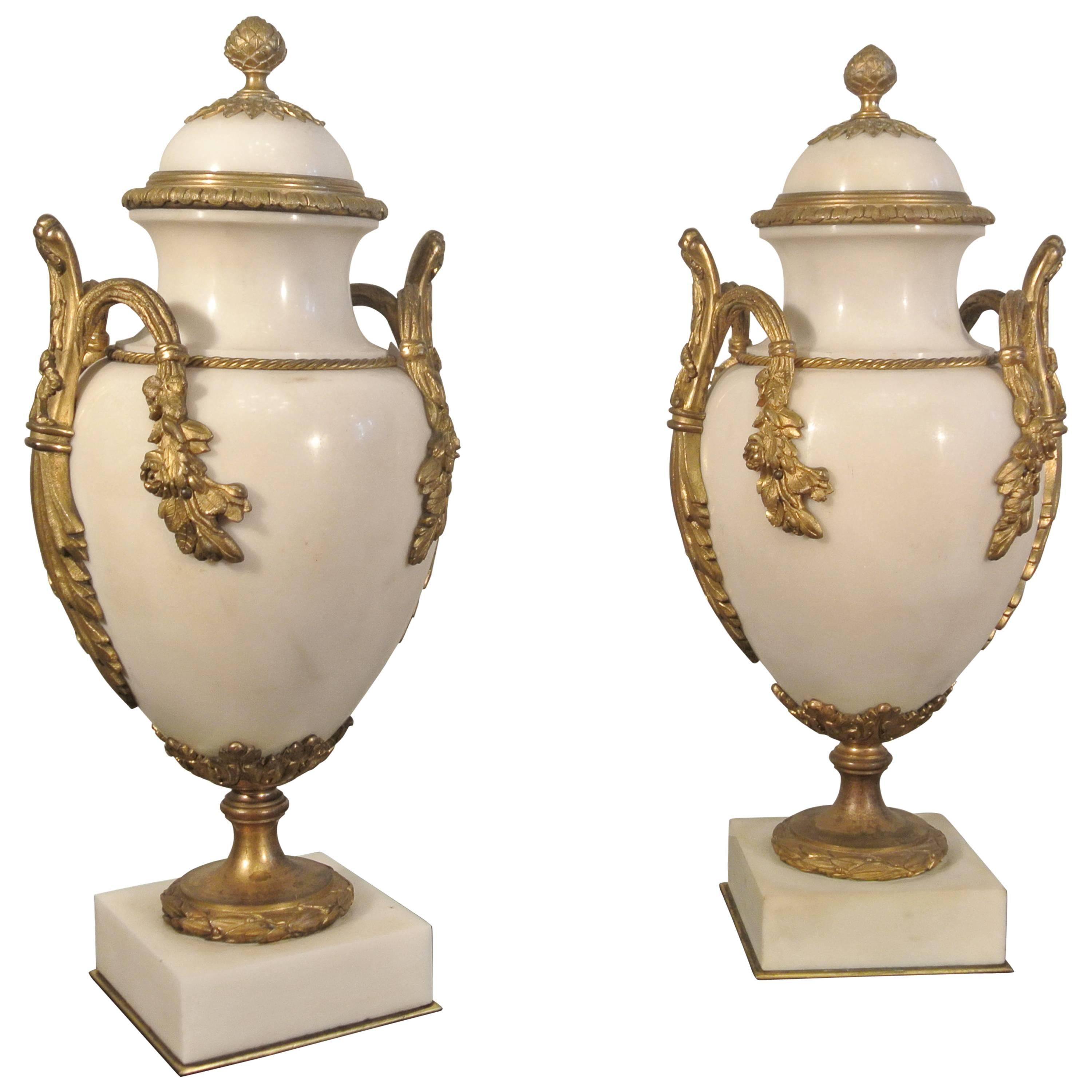 Pair of White Marble Jars with Gold Gilded Bronze Mounts, 19th Century